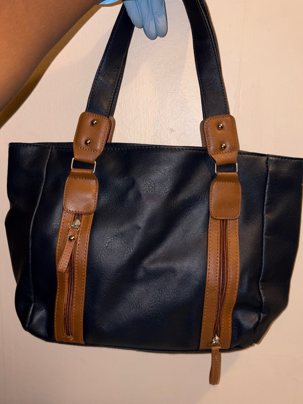Two-Tone Black and Brown Leather Shoulder Tote